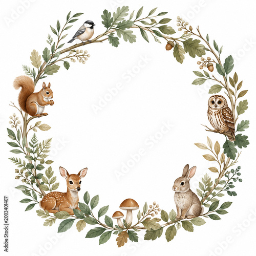 Woodland Creatures' Wreath: A captivating watercolor illustration presents a circular arrangement of charming woodland animals, including a squirrel, owl, deer, and rabbit.