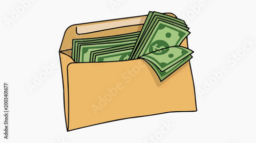 An envelope brimming with cash, a symbol of wealth and financial transactions, is depicted. The image conveys themes of finance, earnings, and savings.