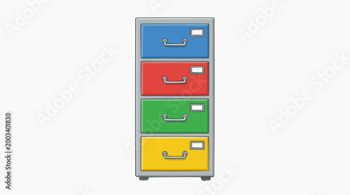 A vibrant multi-colored filing cabinet presents a neatly organized array of drawers, each holding important documents. It captures the essence of efficiency and structured storage.