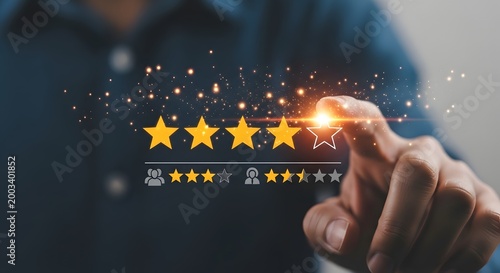 Customer review rating and five-star feedback concept with hand pointing at glowing online reputation stars