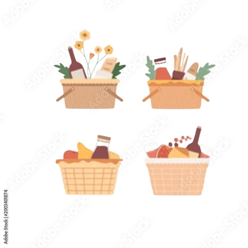 Wicker picnic basket vector set, summer outdoor dining with wine and food in cozy style