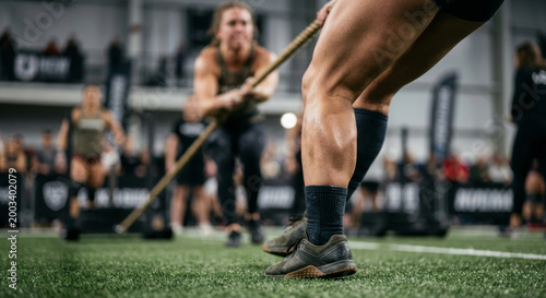 Muscular legs of athlete performing heavy rope sled pull on turf