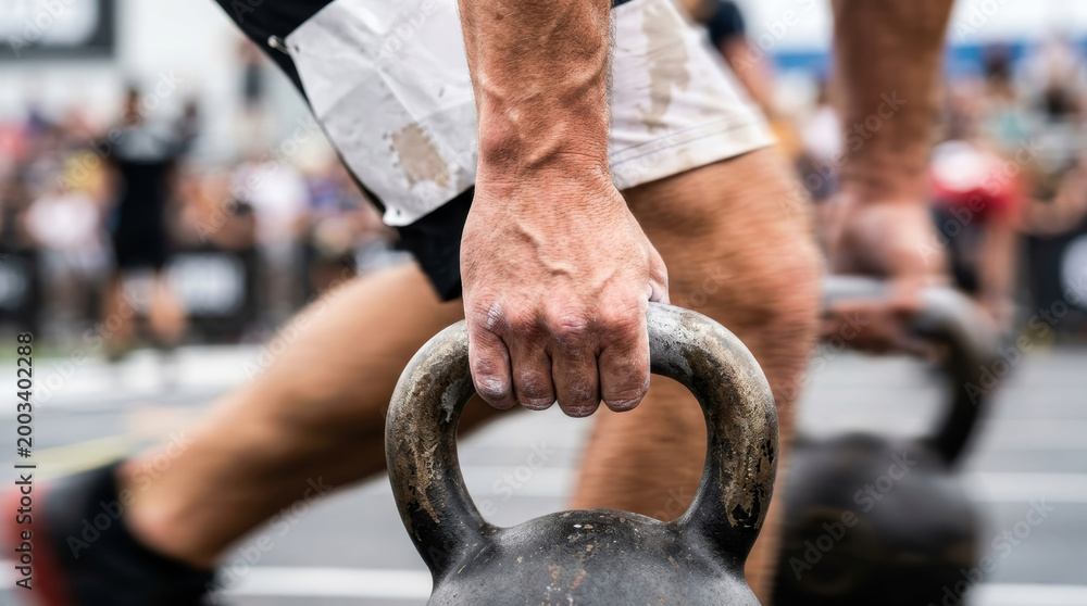 Naklejka premium Close up of athlete hands carrying heavy kettlebells at indoor competition
