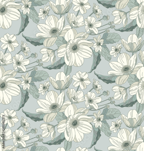  Flowers and leaves in vintage style, seamless pattern.