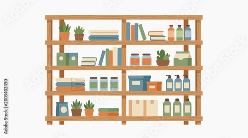 Wooden shelf filled with an array of objects, exuding a sense of organized storage and domestic life.  
