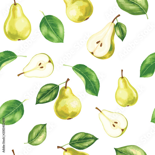 Seamless vector pattern with realistic watercolor pears and leaves