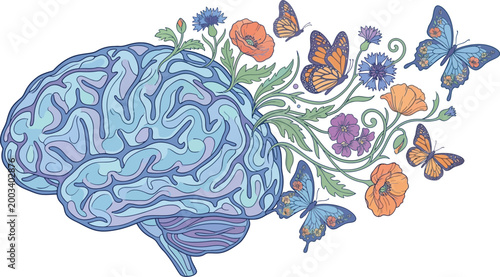 Brain blooming with colorful flowers and butterflies shows mental creativity.
