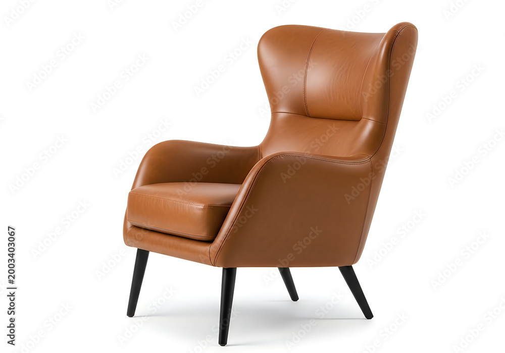 Fototapeta premium Brown Leather Armchair with Black Legs - Modern Furniture