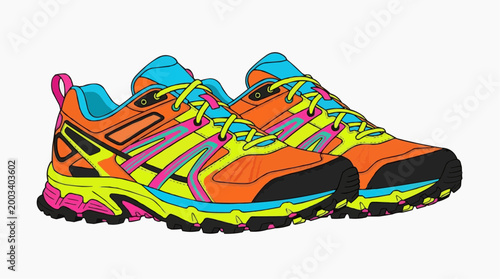 Vibrant and colorful running shoes, a symbol of fitness and adventure, sit side-by-side, offering a promise of an active, healthy lifestyle and the thrill of the open road.