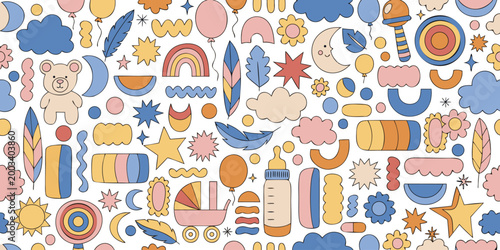Seamless pattern with baby toys clouds and celestial objects in pastel colors