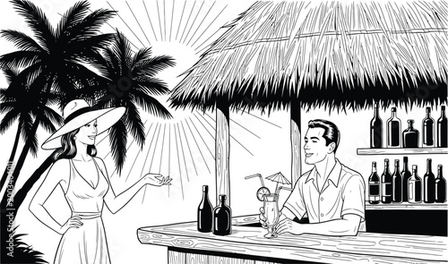 Beach bar scene with woman and bartender retro comic style