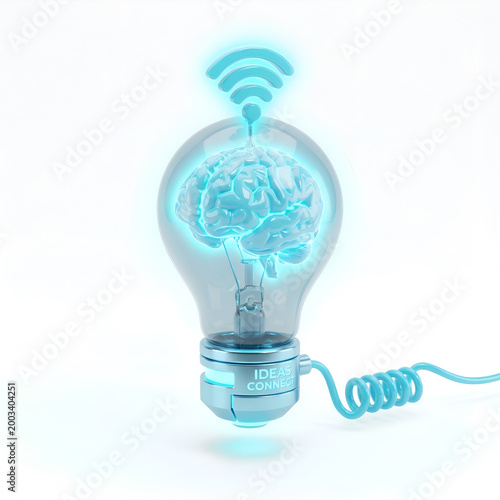 Creative 3D Brain inside Lightbulb with WiFi Signal for Innovation