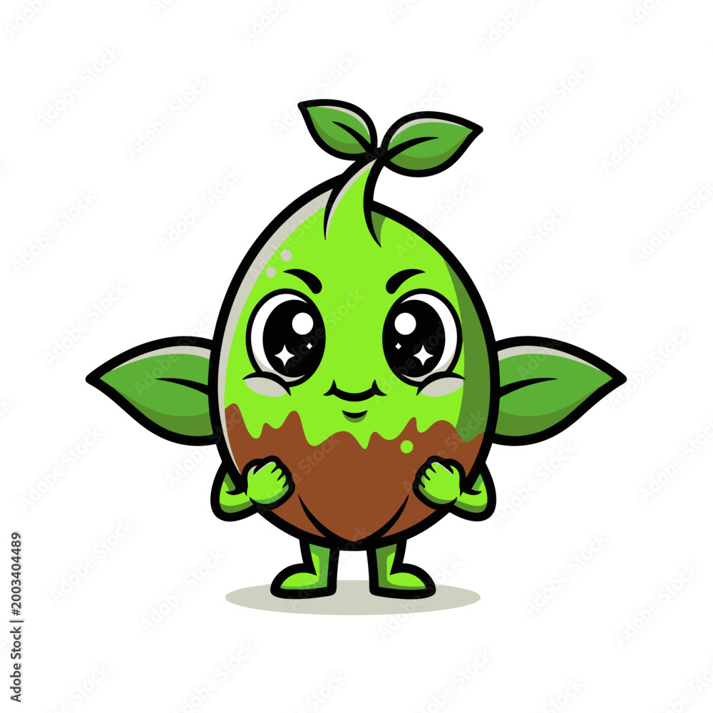 Fototapeta premium Cute cartoon avocado character with leaves and arms.