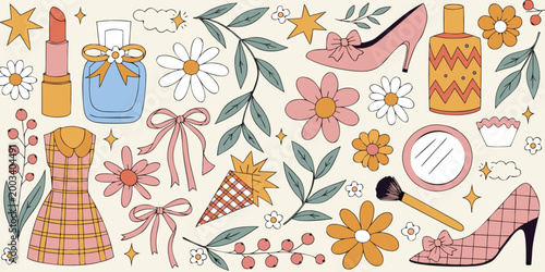 Floral and fashion illustration pattern with cosmetics shoes and decorative elements