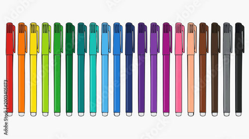 A vibrant collection of colorful pens, lined up in a neat row, each one ready to unleash a spectrum of creative possibilities.