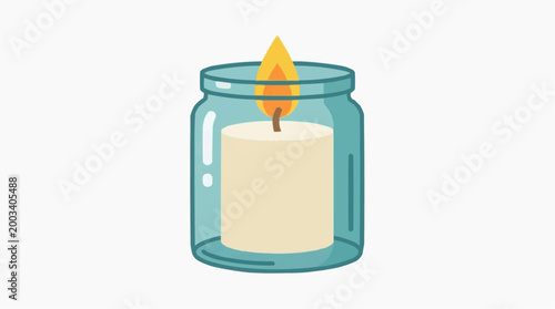 A cozy lit candle in a clear glass jar creates a warm and inviting atmosphere. The soft glow of the flame illuminates the scene, evoking feelings of comfort, and serenity.