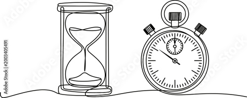 Continuous line drawing of an hourglass and a stopwatch timer