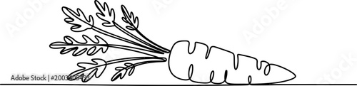 Single continuous line drawing of a fresh carrot with green leaves