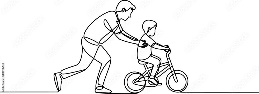 Fototapeta premium Father teaching his little son to ride a bike continuous line drawing