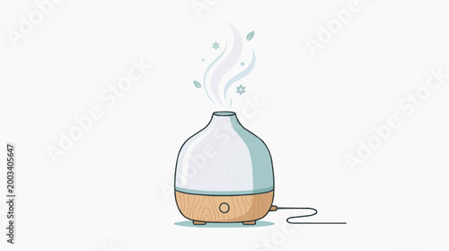 An illustrated aromatherapy diffuser gracefully emits scented vapors. Depicting a clean, modern aesthetic with essential oils.