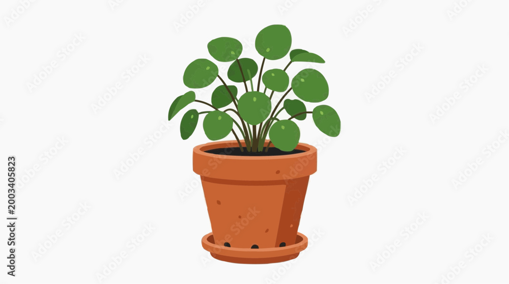 Obraz premium A single potted plant with vibrant green leaves stands gracefully in a terracotta pot, a symbol of growth.