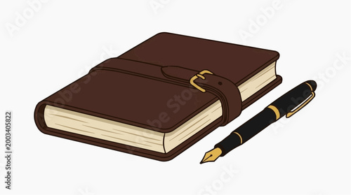 A detailed journal is placed on a simple stage ready for creative process. Beside it is a sophisticated pen . This scene is perfect for promoting the themes of creativity, journaling.
