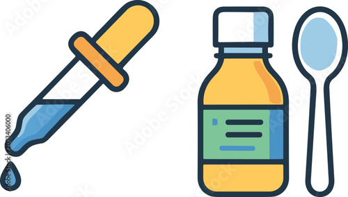 Valokuva Dropper with medicine bottle and spoon, healthcare dosage administration illu