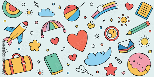 Colorful doodle pattern with travel and school themed illustrations on a light blue background