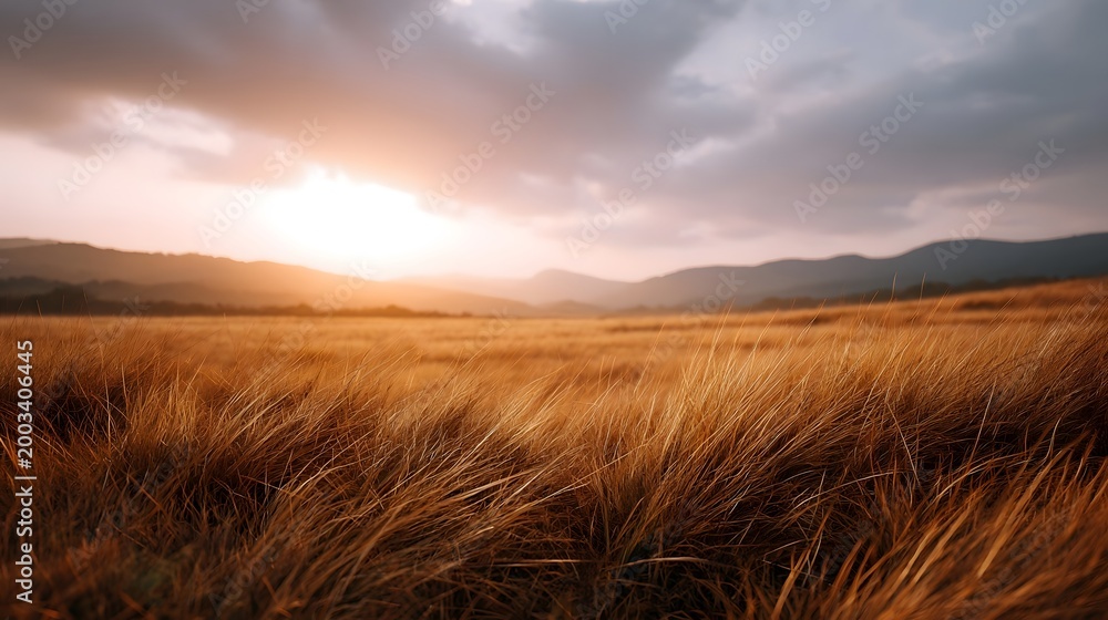 Obraz premium Golden hour light illuminates an expansive field of tall grass under a vast dramatic cloudy sky at sunset