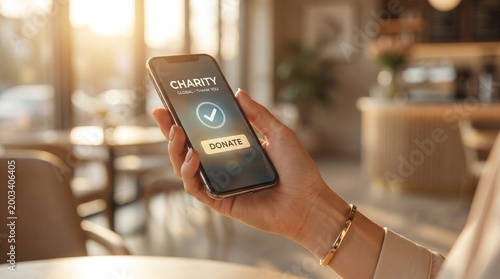 Digital Donation Moment: Close-up of a person's hand holding a smartphone, the screen showcasing a charity donation interface with a donate button and a checkmark.