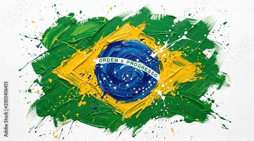 Brazilian Flag Painted: A vibrant and expressive artwork showcases the Brazilian flag, painted with bold brushstrokes in a textured, eye-catching style. Embodying national pride.