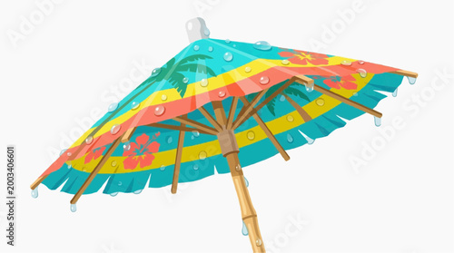 A vibrant, tropical umbrella adorned with colorful stripes and whimsical designs, captures the essence of a carefree summer day. The sun-kissed imagery evokes feelings of relaxation, vacation.