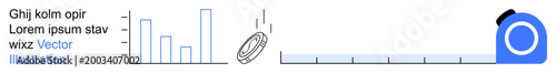 Data analysis, finance, measurement, business strategy, statistics, visualization tools. Bar graph, coin toss ion and tape measure illustration. Data analysis and finance concepts