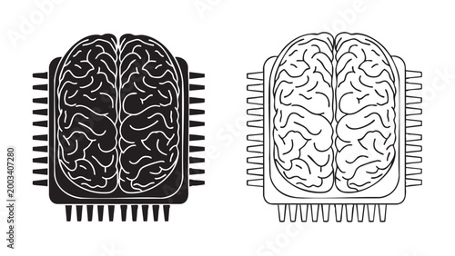 Digital brain processor chip vector icon set