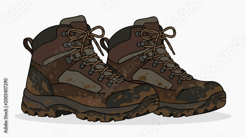 A rugged pair of hiking boots, weathered and worn, stand as a testament to adventure. These durable boots showcase their capabilities for exploration, promising journeys through challenging terrain.