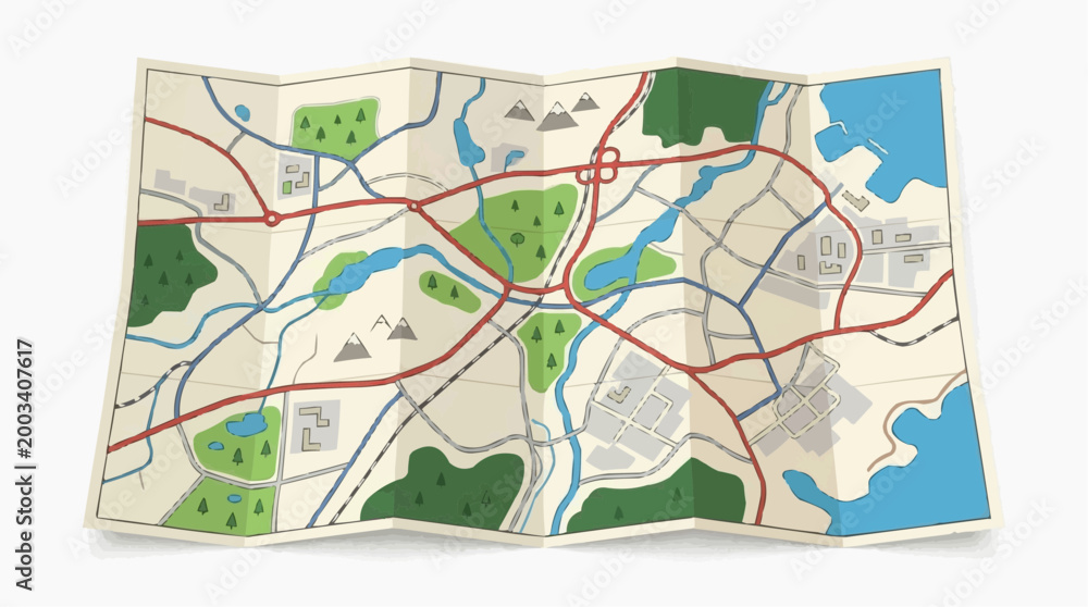 Fototapeta premium An intricate map unfolds before the viewer. Explore a world of detail. Roads, rivers, and landmarks await. Discover hidden routes, plan adventures, and dream of far-off destinations.