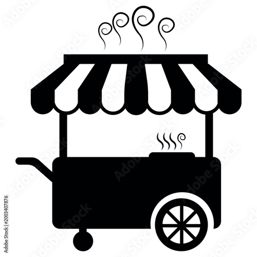 4000Street food cart silhouette with striped awning and steam clouds isolated on white background black vector illustration for market and cafe design