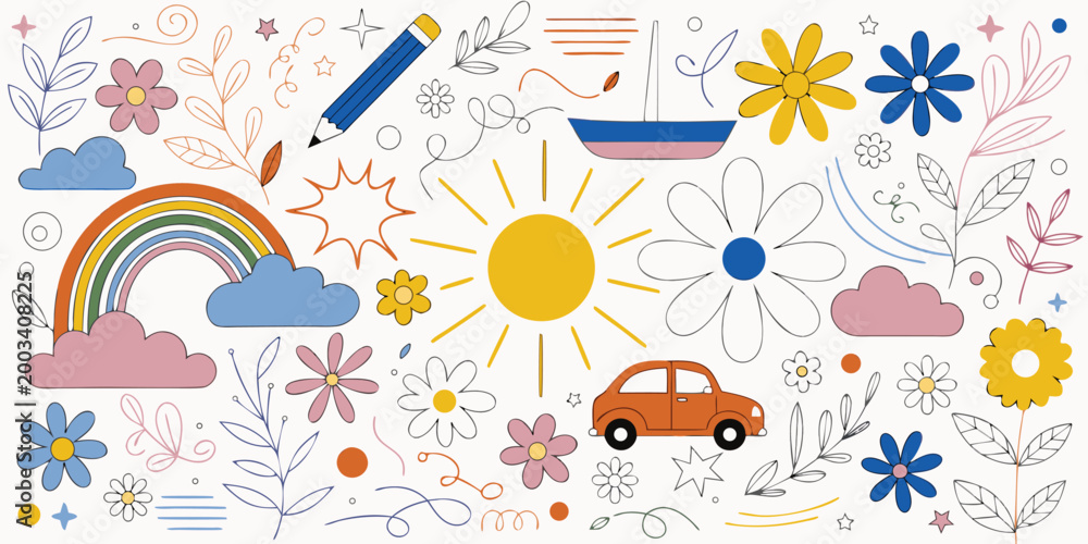 Naklejka premium Child s drawing pattern with rainbow sun flowers and vehicle illustration