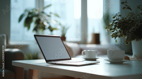 Minimal Modern Workspace with Laptop on Clean Desk Soft Natural Window Light Neutral Tones Aesthetic Office Setup Shallow Depth of Field Realistic Lifestyle Photography
