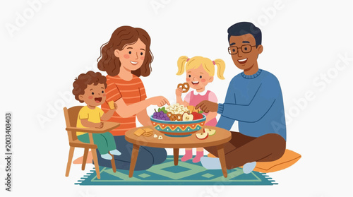 A close-knit family enjoys a wholesome meal together, creating an atmosphere of love, togetherness, and happiness around a vibrant food spread.