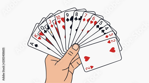 A close-up shot of a hand holding a deck of playing cards, fanned out to reveal an array of suits and numbers. The cards, featuring various suits, are held against a simple background.