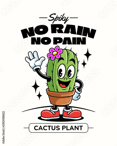 Potted Cactus Mascot Retro Cartoon Character Design. Desert Cactus in Pot for Botanical, Nature, Garden, Houseplant Vector Element Design