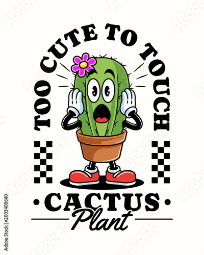Succulent Plant Mascot Retro Cartoon Character Design. Desert Cactus in Pot for Botanical, Nature, Garden, Houseplant Vector Element Design