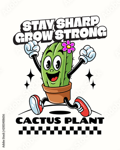 Prickly Plant Mascot Retro Cartoon Character Design. Desert Cactus in Pot for Botanical, Nature, Garden, Houseplant Vector Element Design