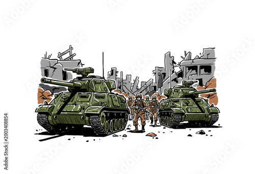 Military tanks and soldiers in ruined city. Urban warfare concept illustration. Hand drawn battle scene. Armored vehicles in combat zone.