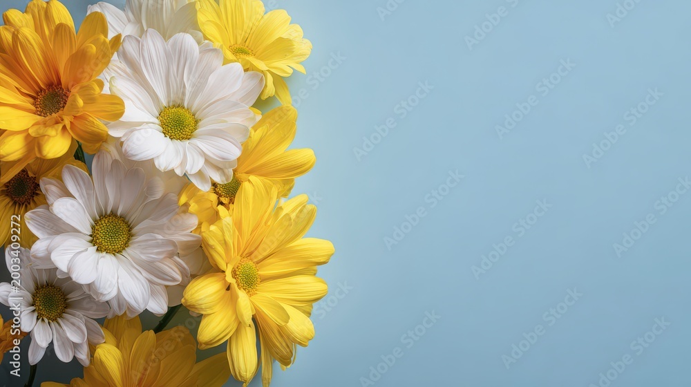 Obraz premium Bright yellow and white daisies are arranged on a soft blue background.