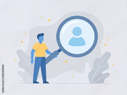 Human resources recruitment concept, man holding magnifying glass over user icon, candidate search and talent acquisition illustration