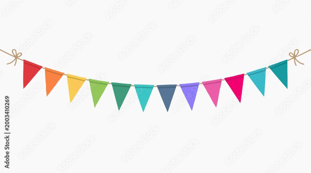 Fototapeta premium A vibrant garland of colorful triangle flags hangs, showcasing a palette of hues, perfect for festive events and celebratory designs.