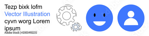 Technology, user interface, social media, business solutions, communication tools, team collaboration. Gear mechanisms and blue profile icons. Technology and user interface concept