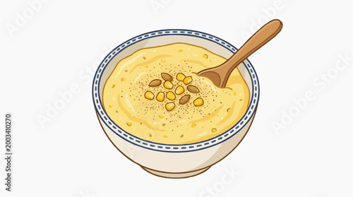 A vibrant and appetizing bowl of creamy corn soup is presented with exquisite detail and vivid colors, ready to tantalize the senses.
